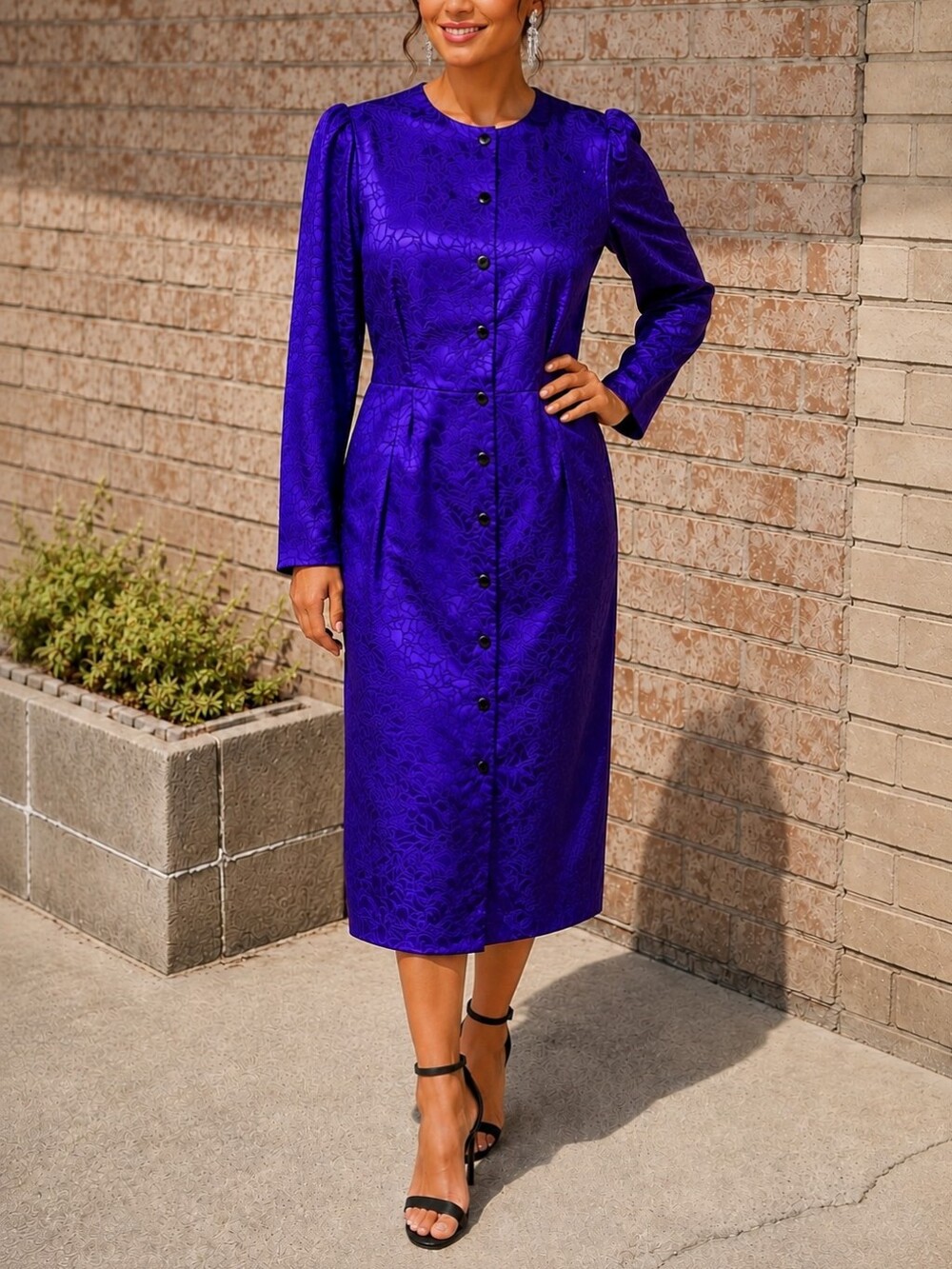 Vintage 90s Adrianna Papell 100% Silk Purple Jacquard Midi Dress  Size 6  (FLAW)